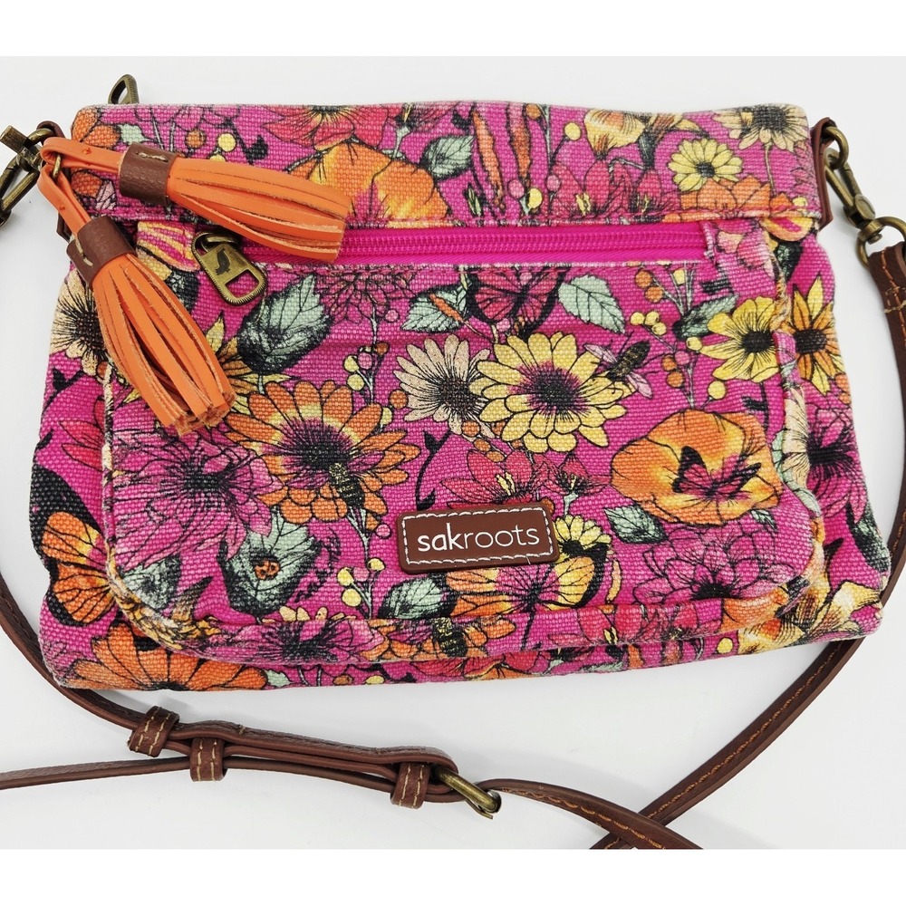 Sakroots Camden Small Crossbody- Raspberry In Bloom Orange Tassels Adjust Strap